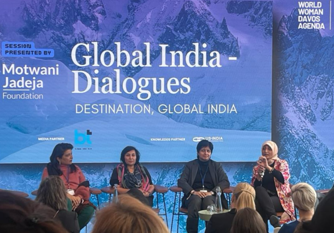 Zubaida Bai sits onstage for panel discussion during Davos 2024, Zubaida is showing with three other women