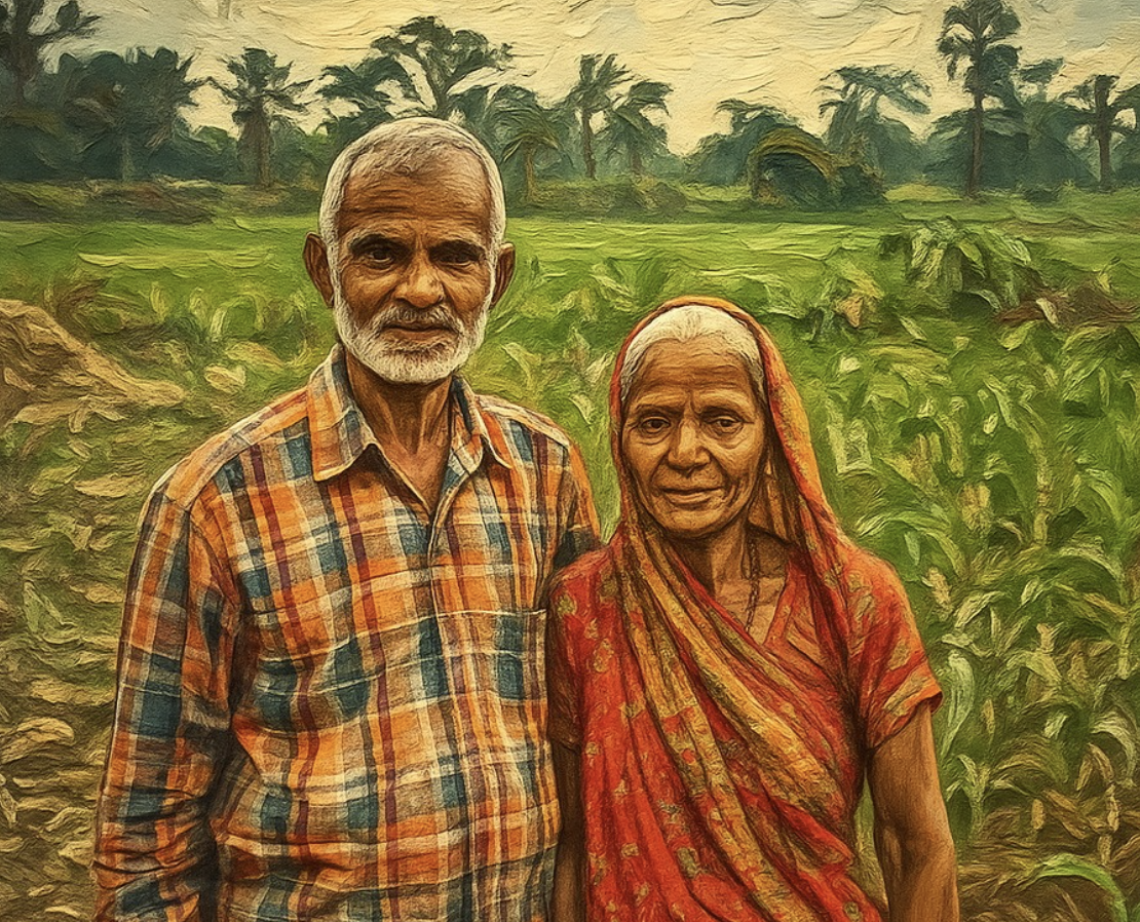 AI generated image of an elderly couple standing in a farming field.
