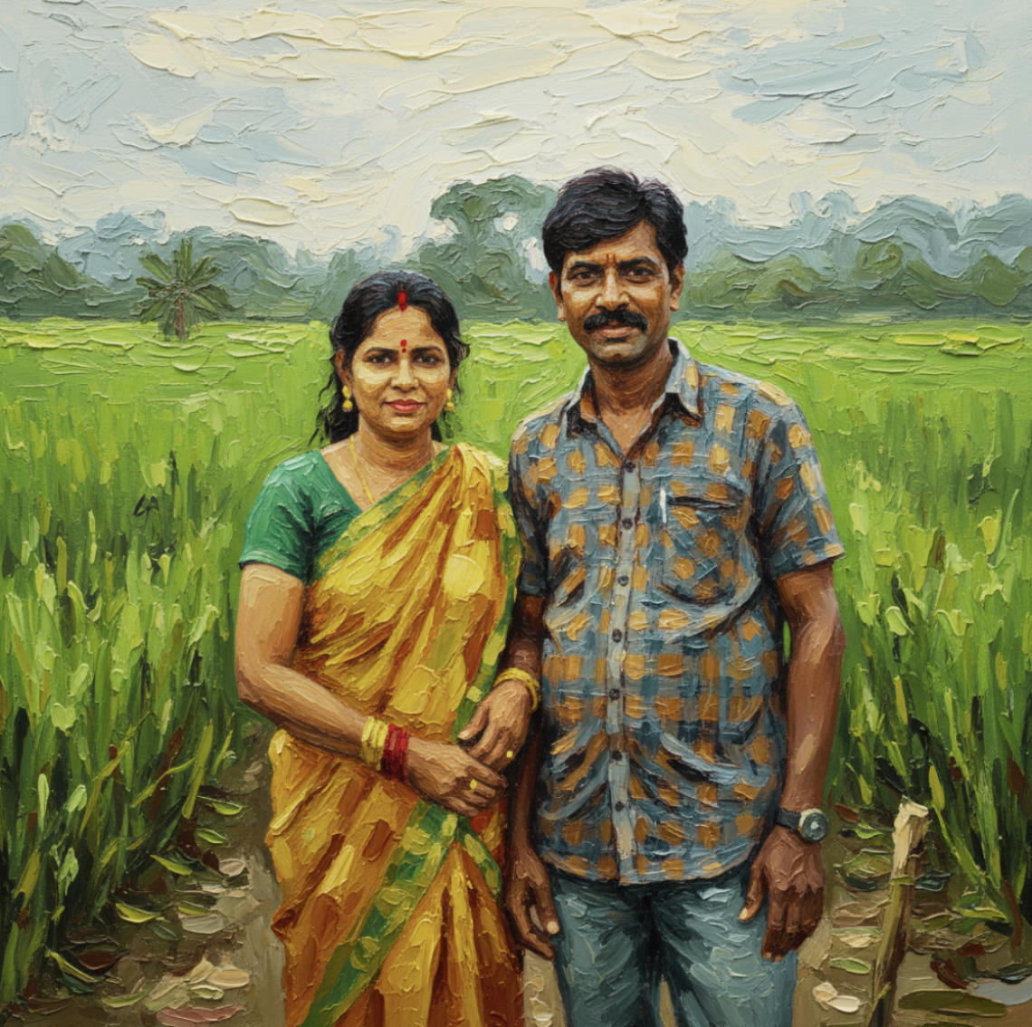 AI generated image of a couple standing in a farming field.