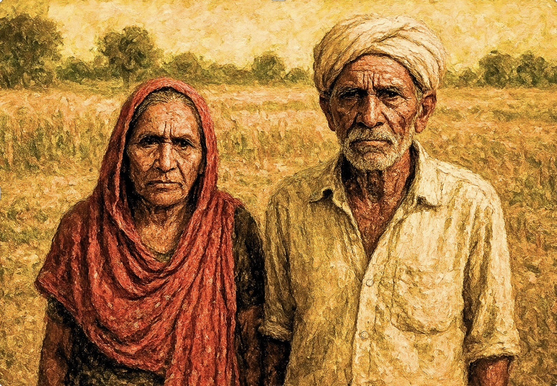 AI-generated image portraying and elderly couple in India standing in a field.