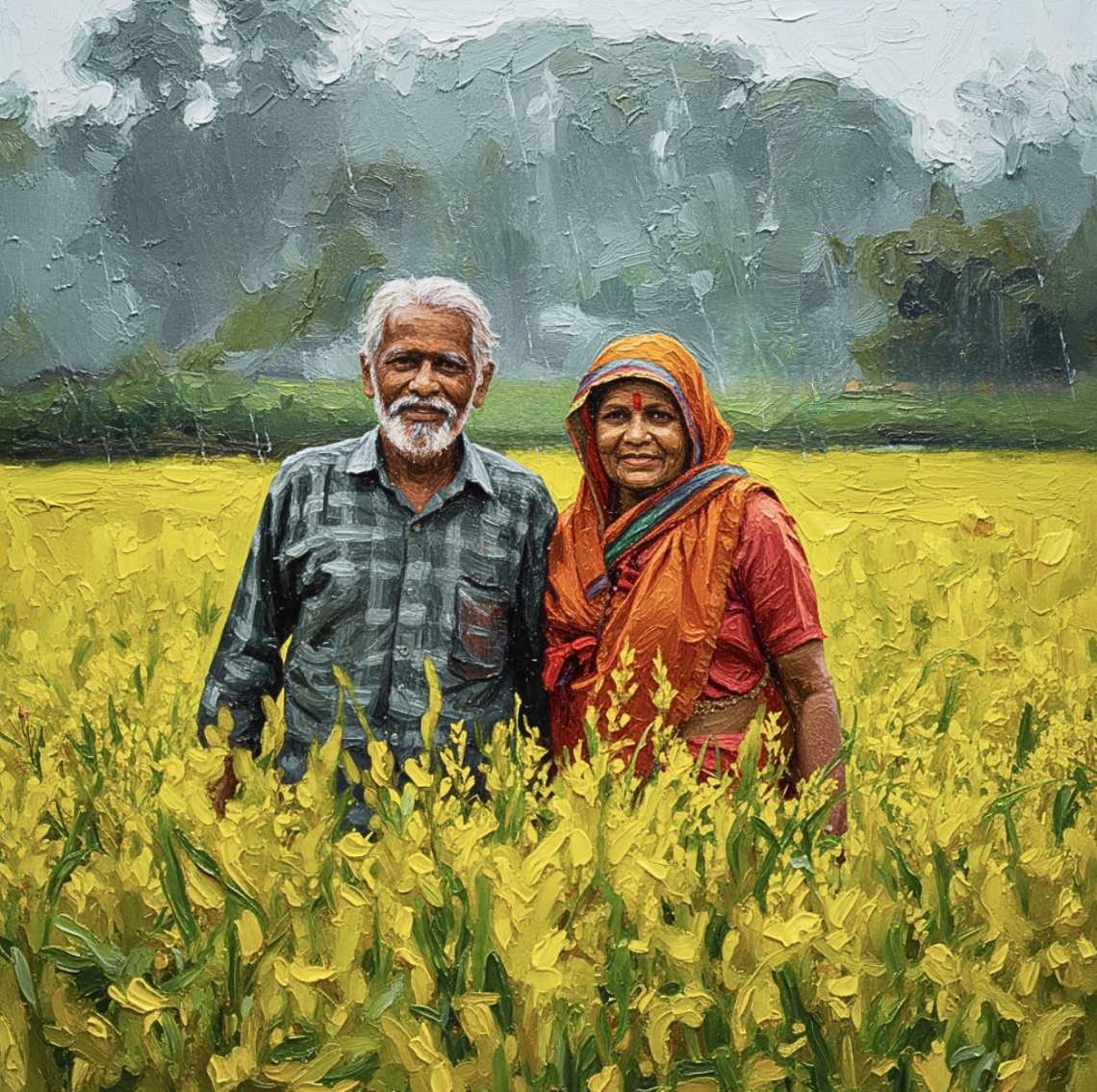AI generated image of an elderly couple standing in a farming field.