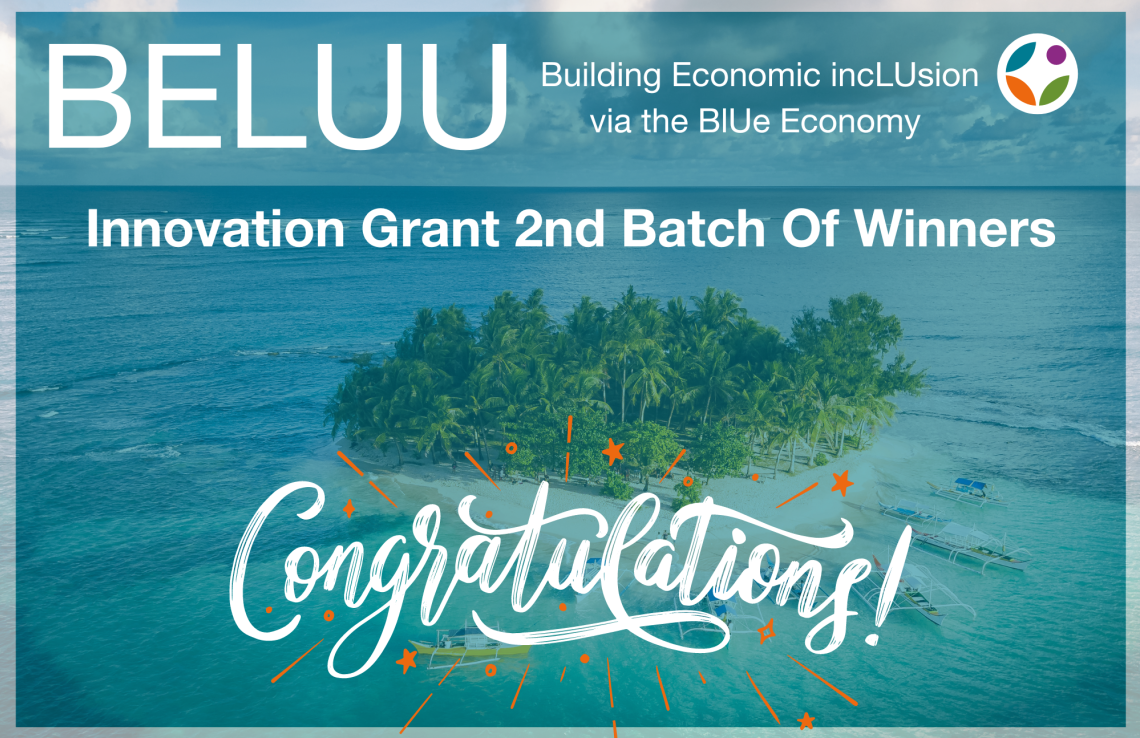 A muted image of a small island surrounded by ocean and clouds has text in white font that says "Grameen Foundation's BELUU (Building Economic Inclusion via the BlUe Economy) Innovation Grant 2nd Bath Of Winners Congratulations!"