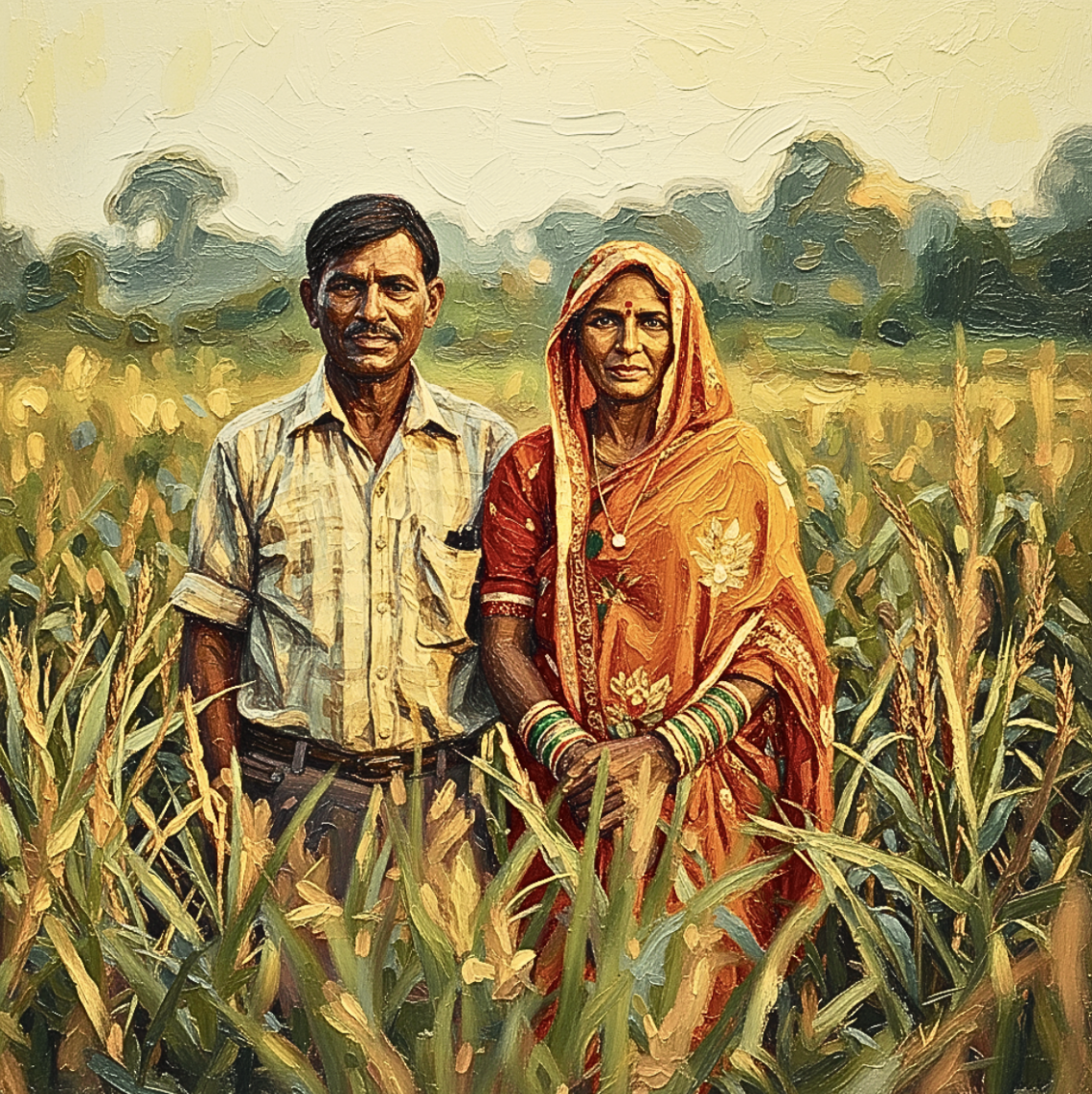 AI generated image of a couple standing in a farming field.