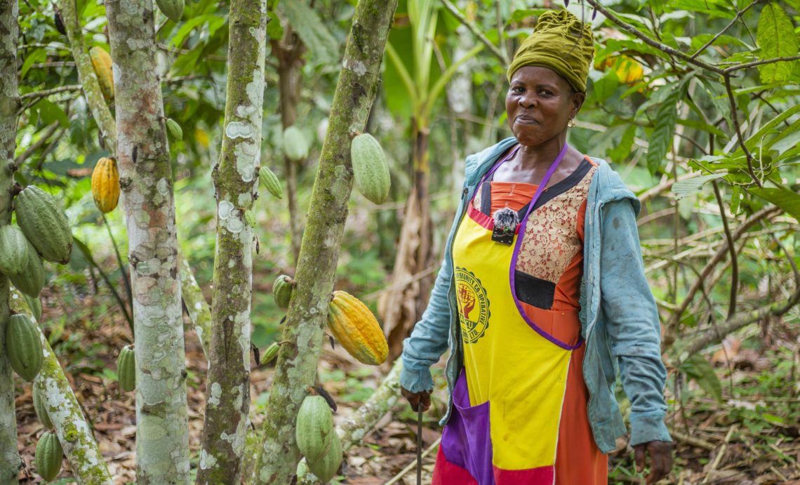 Comfort, a Ghanaian cocoa farmer, looks proudly at the camera. She's standing next to a few of her cocoa trees.