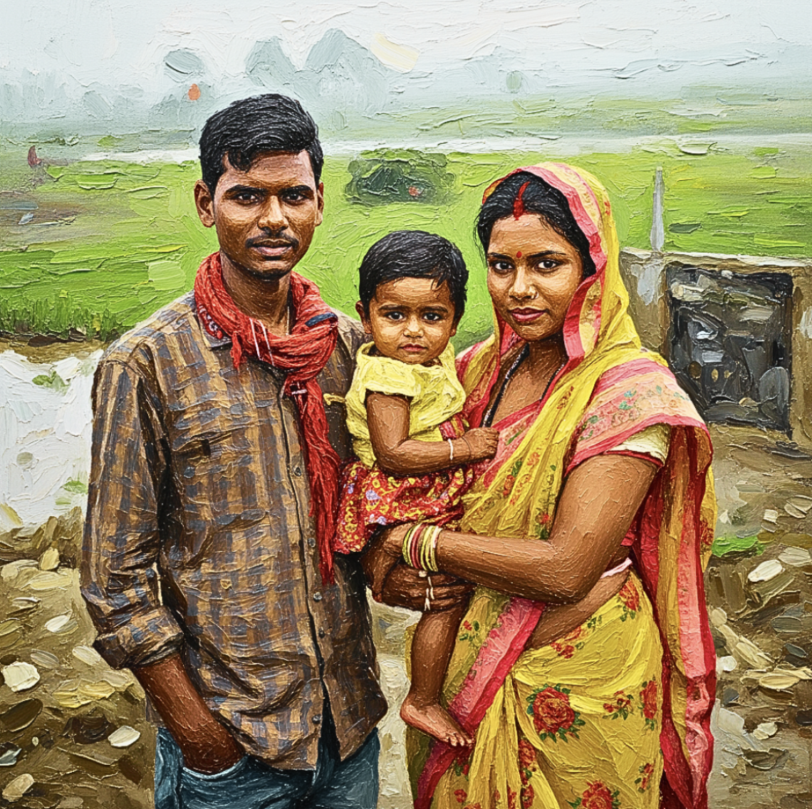 AI generated image of a couple and their young child stranding outside in a farming field.