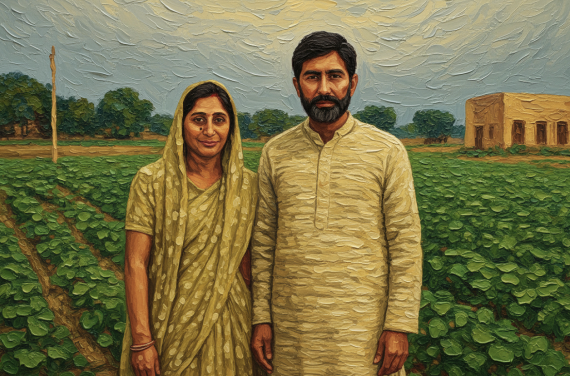 AI generated image of a couple standing outside in a farming field.