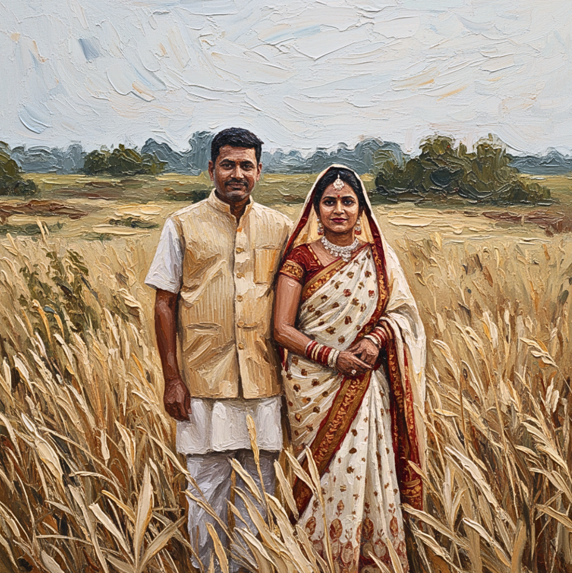 AI generated image of a couple standing in a wheat field.