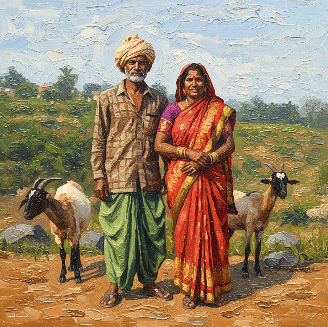 AI generated image of a couple standing outside in a farming field with two goats on either side of them.