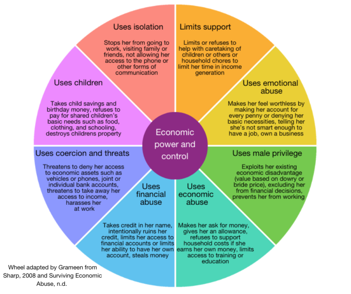 Grameen Foundation shares a pie chart with 8 pieces showing the ways that economic abuse is utilized.