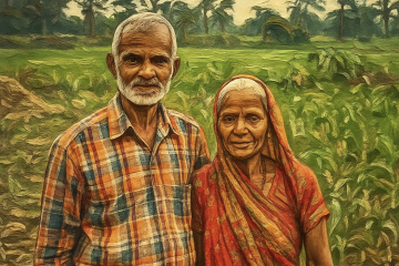 AI generated image of an elderly couple standing in a farming field.
