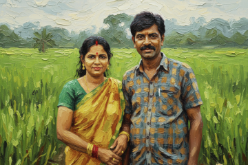 AI generated image of a couple standing in a farming field.