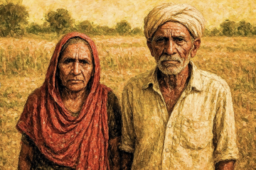AI-generated image portraying and elderly couple in India standing in a field.