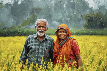 AI generated image of an elderly couple standing in a farming field.