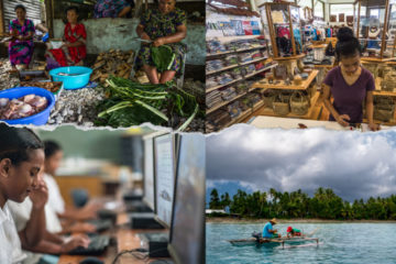 Four images are shown highlighting the work Grameen is supporting in the Pacific Islands such as fishing, eco tourism, and community economies
