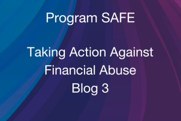 Grameen Foundation shares blog 3 in our Program SAFE series. A dark rainbow of blues and purples is shown in the background with the words Grameen Foundation Program SAFE Taking Action Against Financial Abuse is shown in white