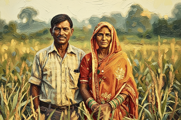 AI generated image of a couple standing in a farming field.