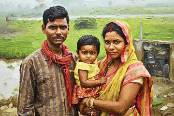 AI generated image of a couple and their young child stranding outside in a farming field.