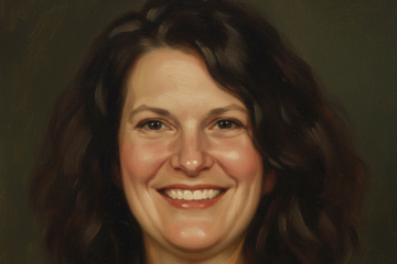 Kim Renken is a volunteer with Grameen Foundation's skilllanthropy program, Bankers without Borders (BwB). Kim is pictured from her shoulders up and the image has a painting filter applied to it to look like brushstrokes.