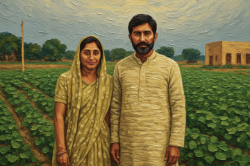 AI generated image of a couple standing outside in a farming field.