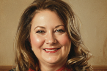 Lisa is wearing a red scarf and blue jacket