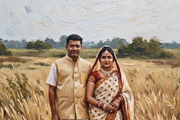 AI generated image of a couple standing in a wheat field.