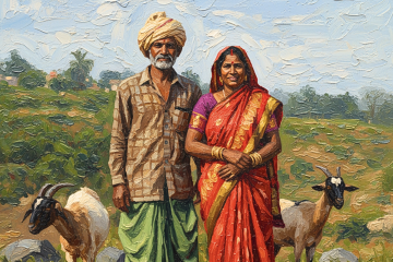 AI generated image of a couple standing outside in a farming field with two goats on either side of them.