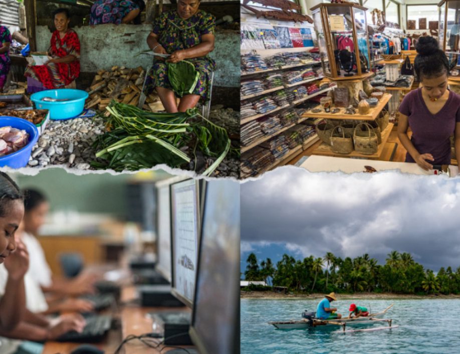 Four images are shown highlighting the work Grameen is supporting in the Pacific Islands such as fishing, eco tourism, and community economies