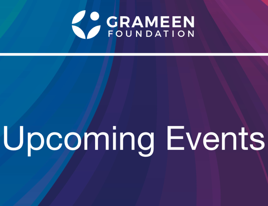 A dark background of a rainbow of purples and blues shows the Grameen Foundation logo at the top in white text and the words "Upcoming Events" are shown in the middle of the image in white text