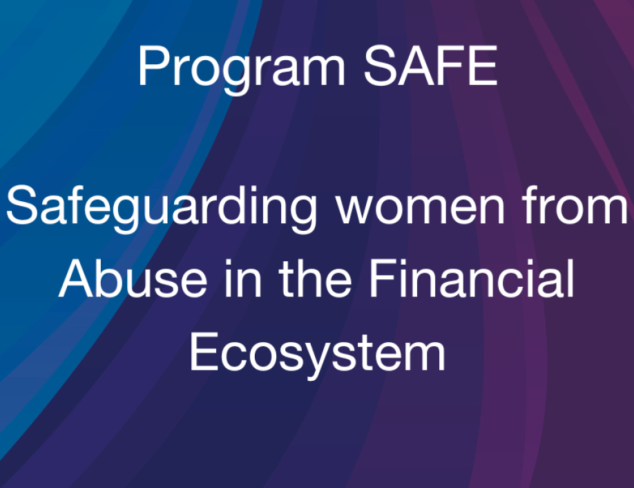 Grameen Foundation Announces The Launch Of Program SAFE. A dark rainbow of colors shows text in white that says"Program: SAFE  Safeguarding women from Abuse in the Financial Ecosystem  A comprehensive initiative aiming to raise awareness, provide support services, and build a global coalition to safeguard against financial abuse in all its forms"