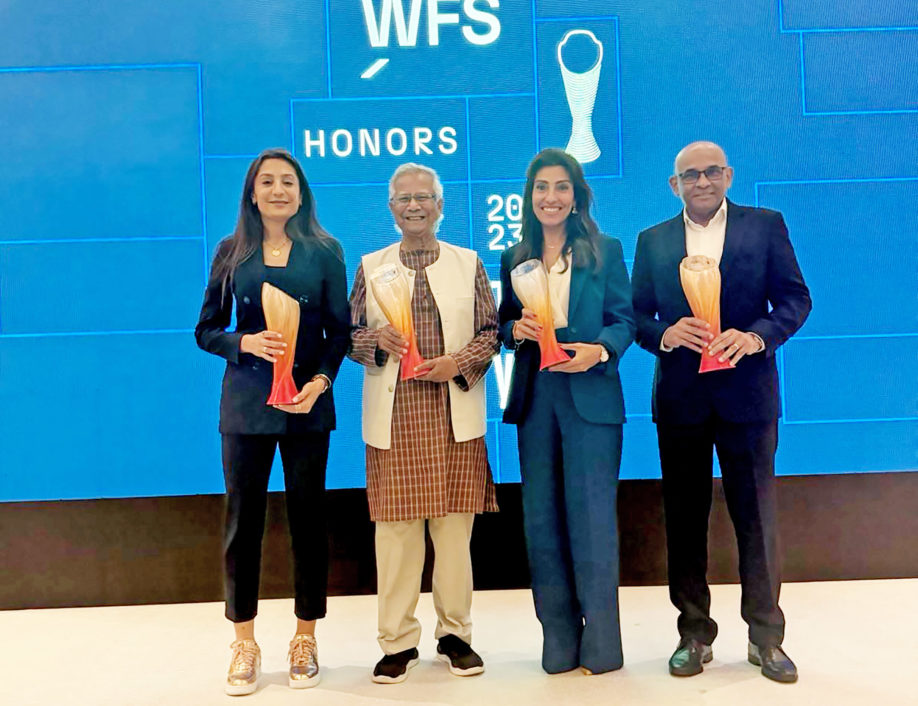 From left: Dr. Nadia Nadim, a professional footballer and physician, Nobel Laureate Professor Muhammd Yunus, Helen Aluzaizi, Trustee of Palestine Association for Children's Encouragement of Sports (PACES) and Datuk Seri Windsor John Secretary General of Asian Football Confederation (AFC) the winner of the WFS Life Time Achievement Award 2023.