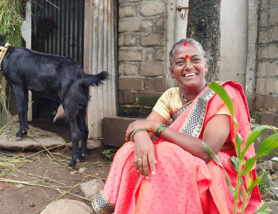 A woman wearing a pink sari smiles at the camera. In the background is a black goat.